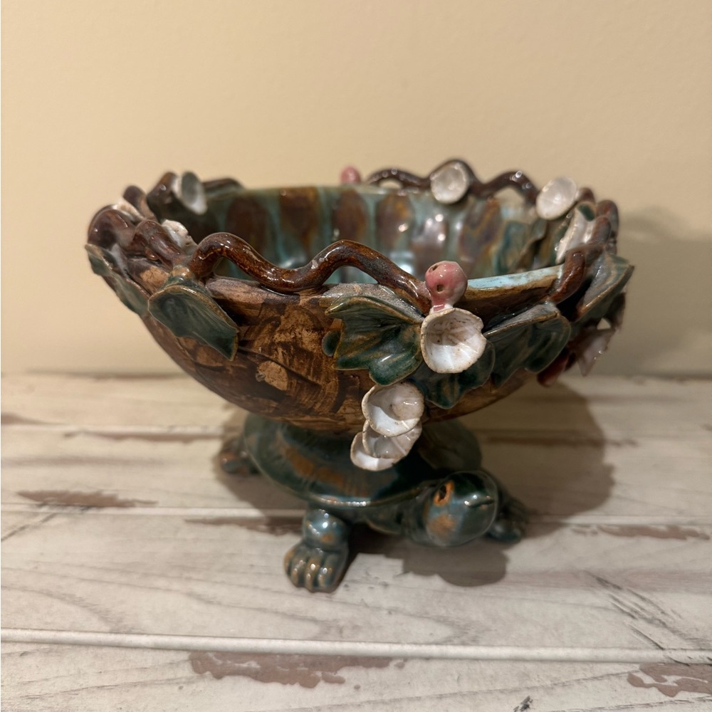 Majolica Turtle Pedestal Bowl with 3D Flowers & Turquoise Glaze